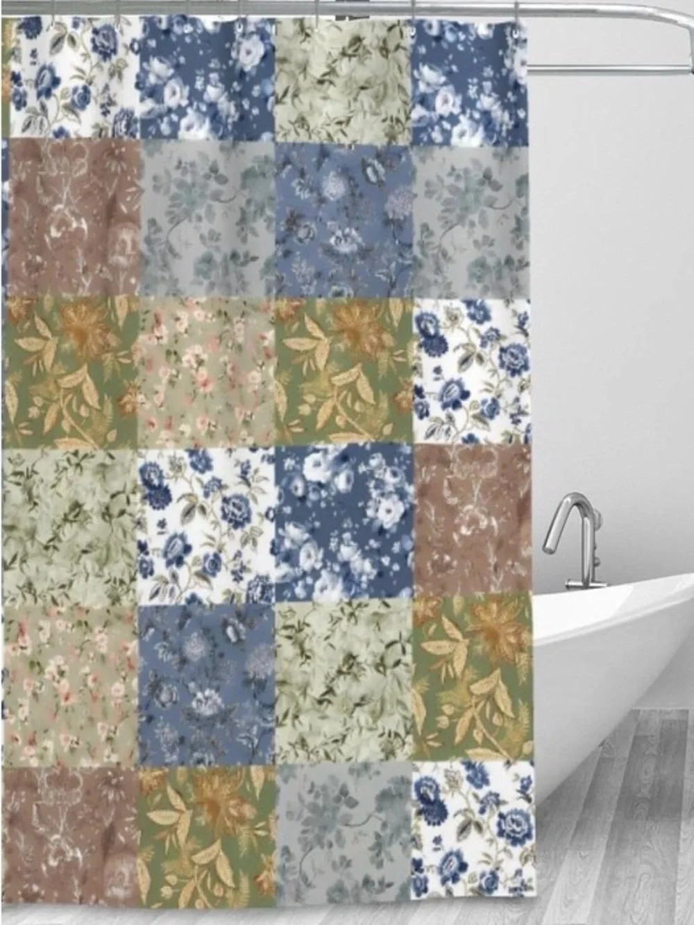 NIB-Patchwork Floral Shower Curtain - Blue, Green, Brown